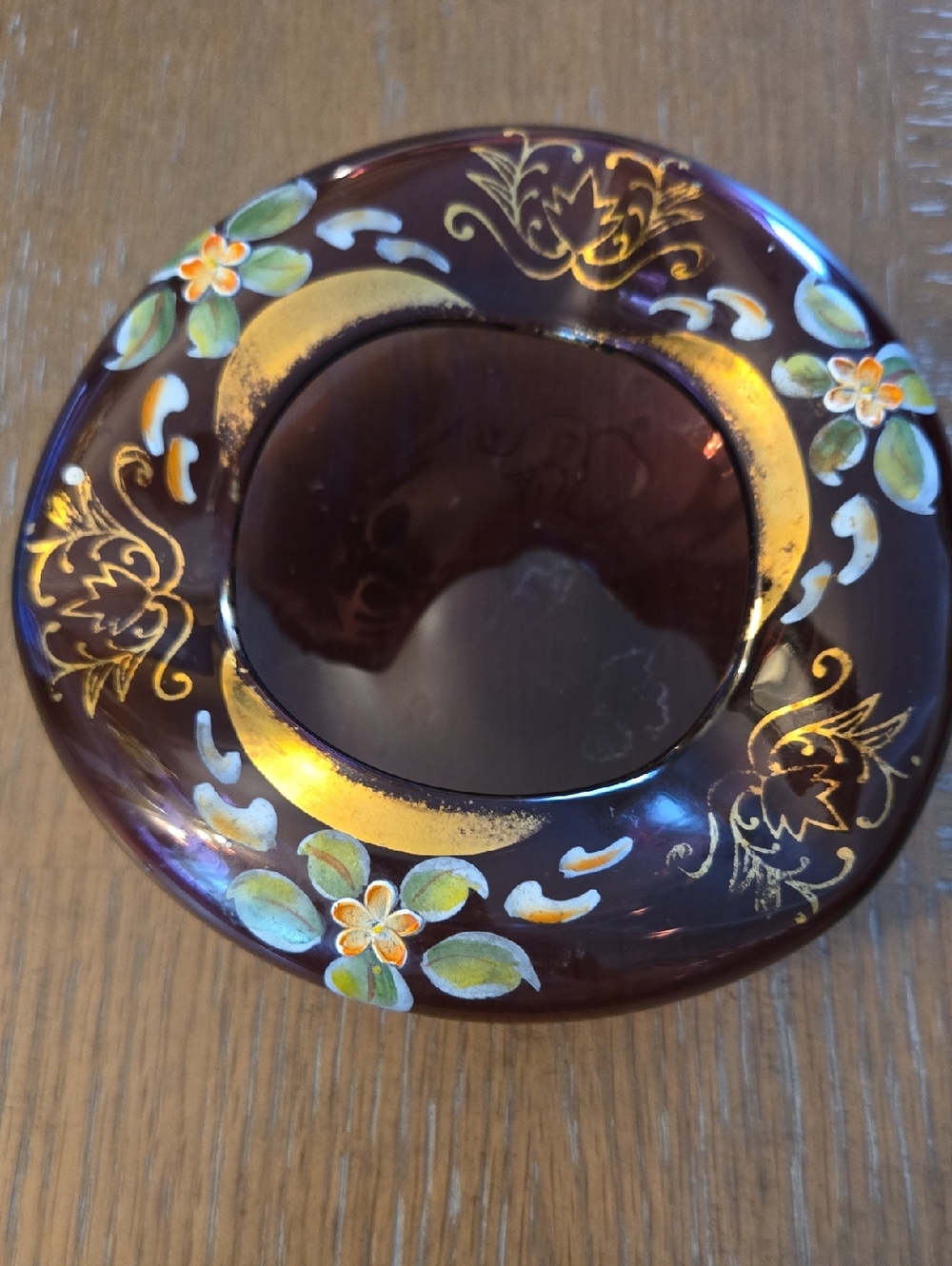 Bohemian Amethyst Ash Tray With Hand-Painted Floral Motif